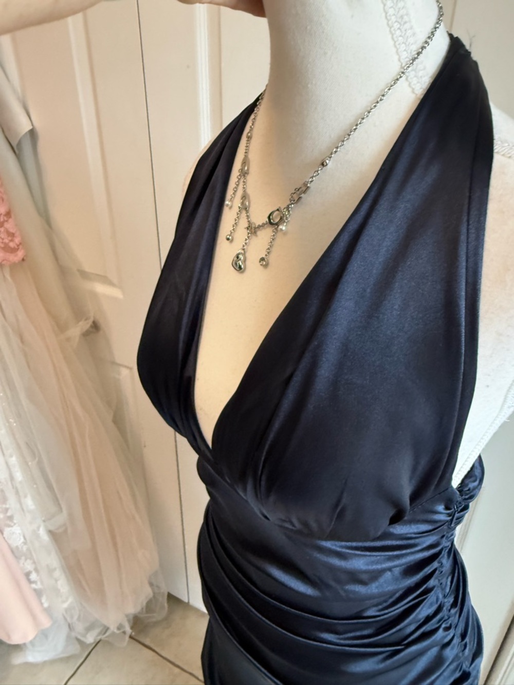 Morgan & Co. Navy Satin Halter Asymmetrical Ruffle Dress - Picture 11 of 14
